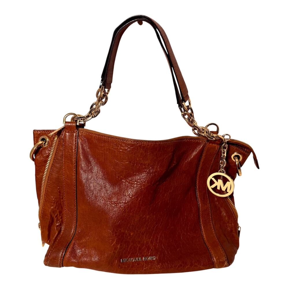 MICHAEL KORS Cognac Brown Leather Fulton Chain Shoulder Bag & Crossbody Strap